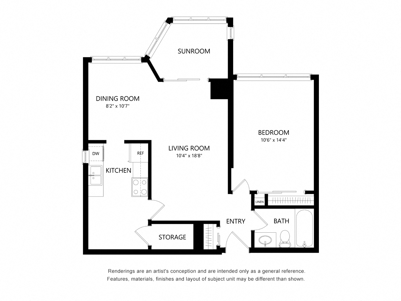 Floor plan for 1 bed, 1 bath, 725 sqft